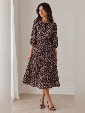 H&M Black Floral Midi Dress with Pink & White Accents